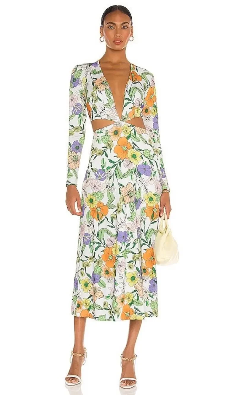 AFRM White Vintage Floral Assi Long Sleeve Cutout V Neck Open Back Maxi Dress XS